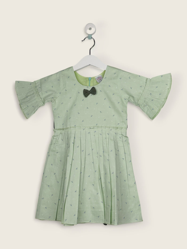 Pista Green And Grey Bow Frock In Cotton /2-3 Years