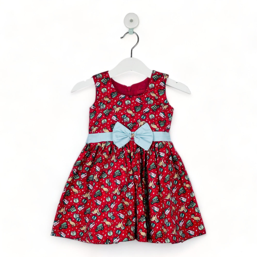 Red Christmas Frock With Green Bow/2-3 Years