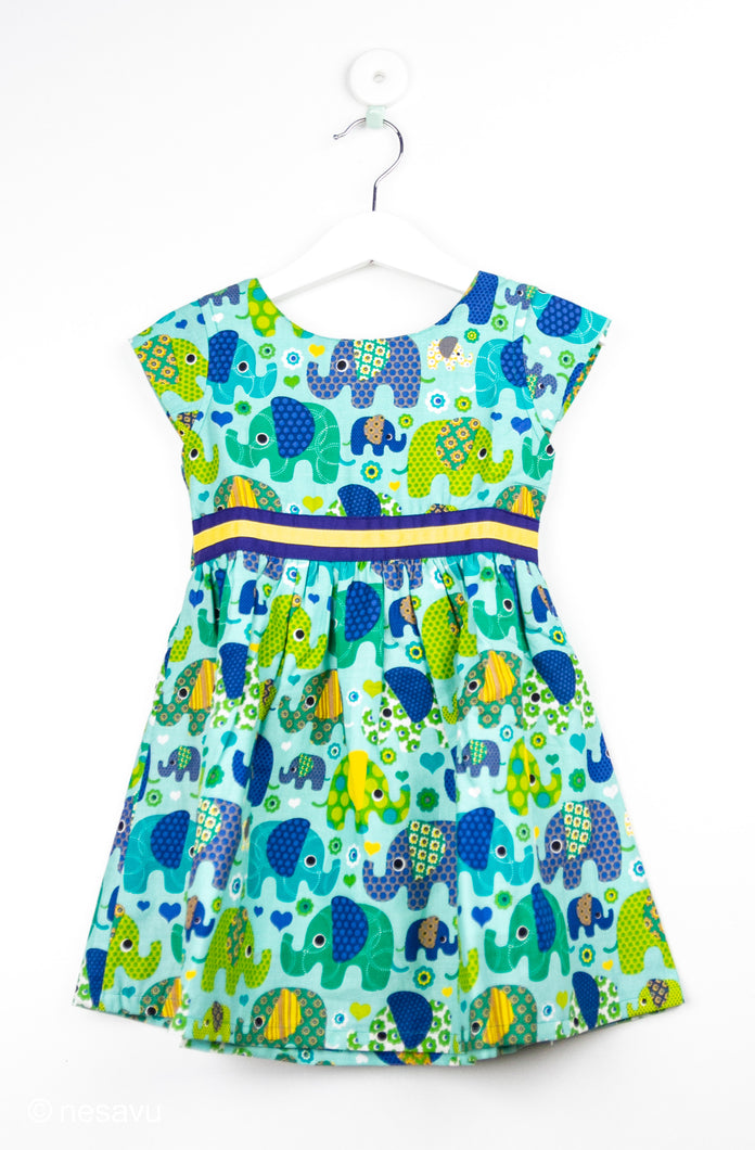 Pista and Blue Elephant Cotton Frock/2-3 Years